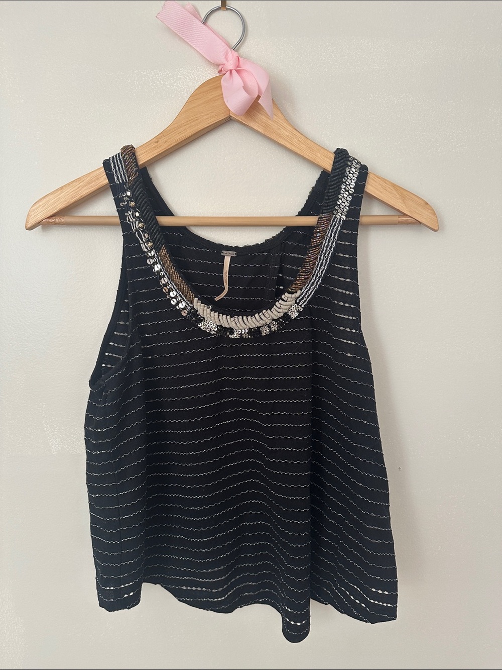 Free People Black Beaded Striped Tank Top
